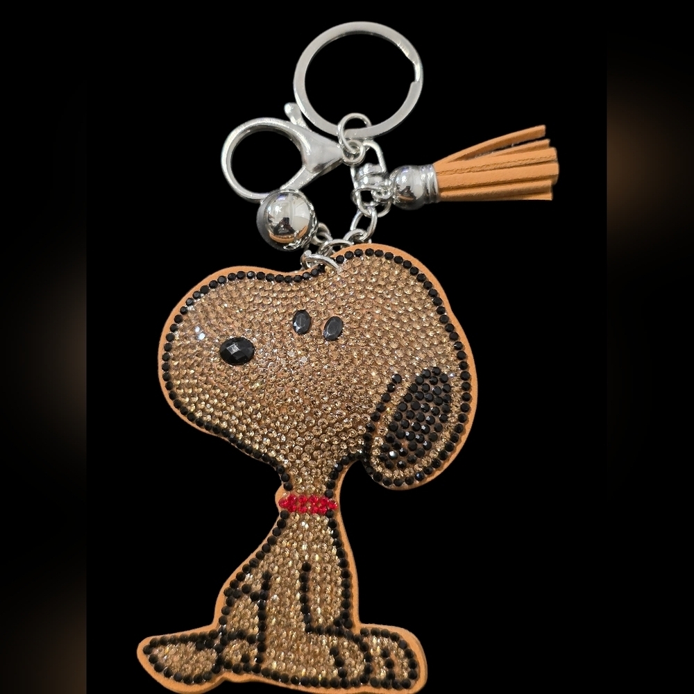 Brown Rhinestone Snoopy Bag Charm Keychain